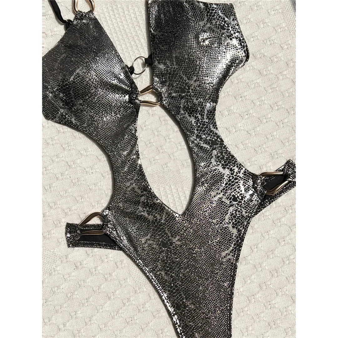 Damen-Badeanzug Schlangenhaut V-Ausschnitt Cut-Out rückenfrei Monokini