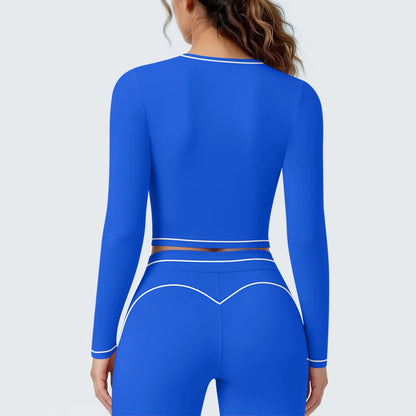 Blaues Yoga-Langarmshirt Rückansicht mit breiten kontrastierenden Linien am Bund