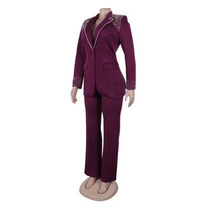 Zweiteiliges Damen-Set mit Applikationen, langärmligem Patchwork-Hemd und hoch taillierter Hose