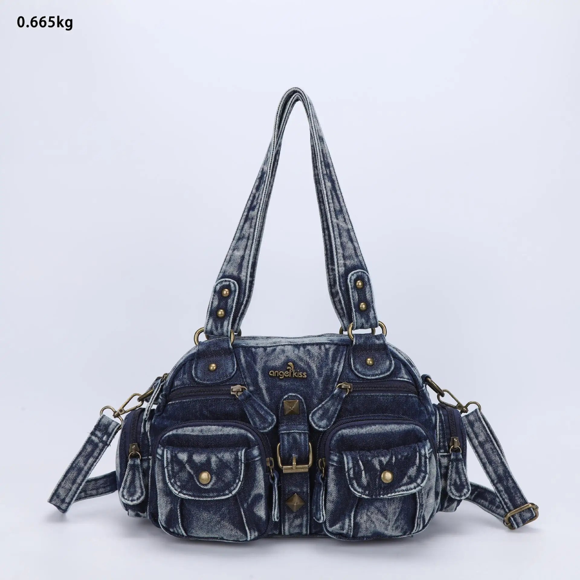 Damen-Handtasche Vintage Satchel in Dunkelblau, Top-Griffe, Schultergurt, Fronttaschen mit Nieten.