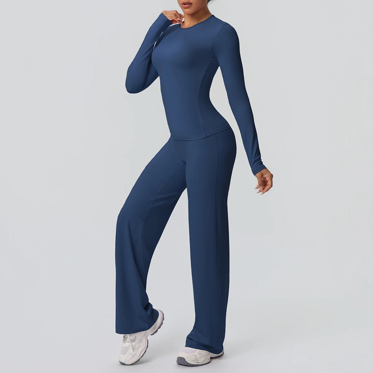 Damen-Yoga-Set mit Langarm-Top und weiten Leggings, navyblau