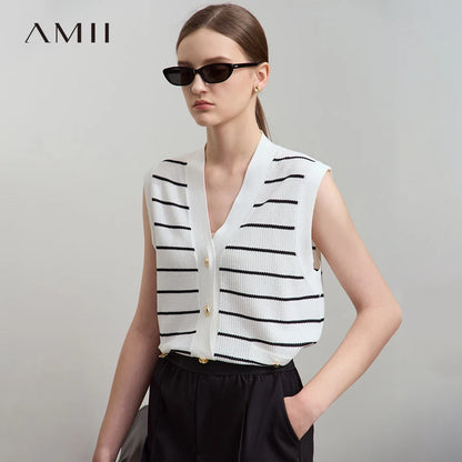 Damen V-Ausschnitt Pullover Streifen ärmellos Viskose Sommer