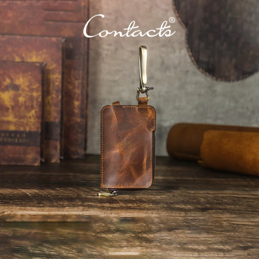 Braune Vintage-Ledertasche für Schlüssel mit Metallhaken und Schlaufe am Oberteil