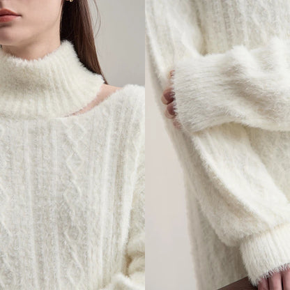 Damen-Rollkragenpullover Hohlstrick Viskose locker lang Raglan Herbst