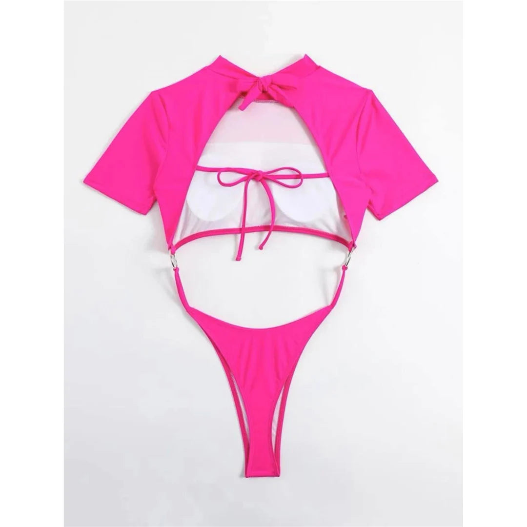 Damen Badeanzug Micro Tanga Cut-Out Monokini Kurzarm 9 Farben