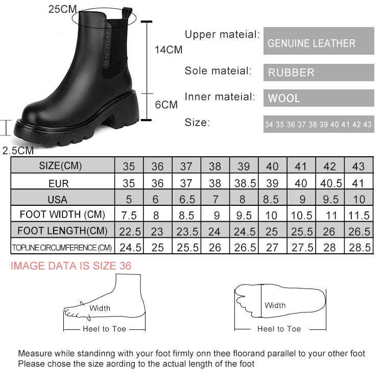 Schuhgrößen-Tabelle für schwarze Chelsea-Boots inkl. Fußbreite und Absatz-Längenangaben