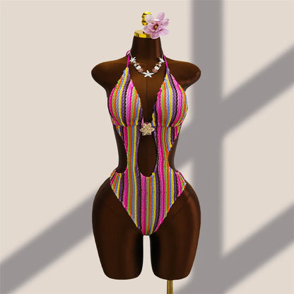 Damen Badeanzug gestreift bunt Neckholder Cut-Out hoher Beinausschnitt Monokini