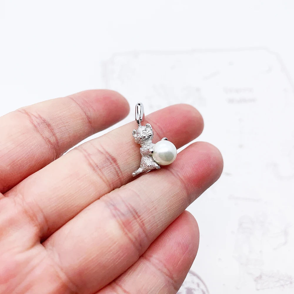 Damen-Charm-Anhänger Kätzchen Perle süß Frühling aus Sterlingsilber