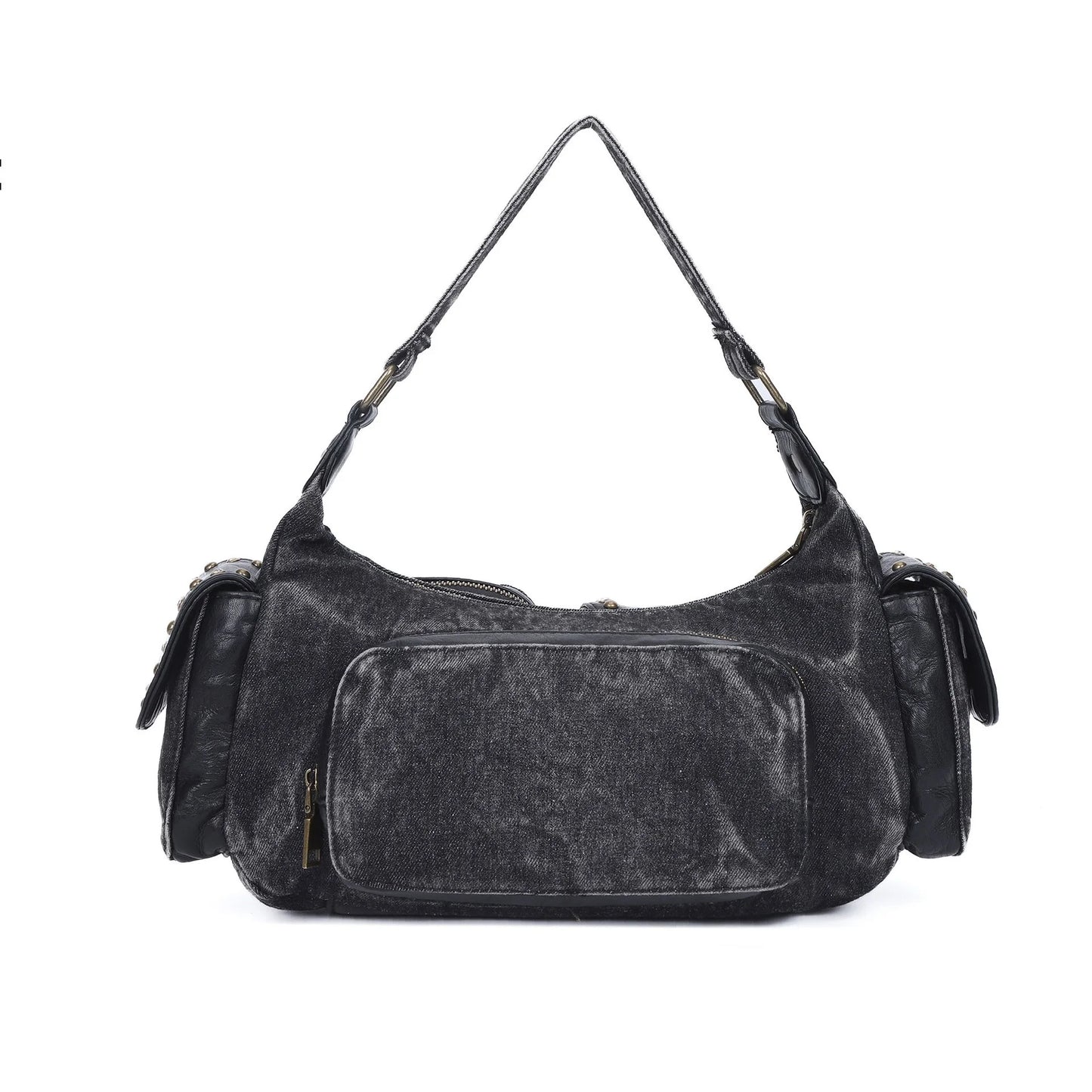 Damen-Schultertasche aus Denim und Canvas mit Reißverschluss und großem Hauptfach und Smartphonefach