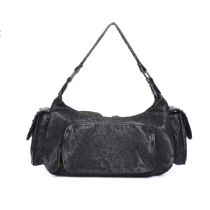 Damen-Schultertasche aus Denim und Canvas mit Reißverschluss und großem Hauptfach und Smartphonefach