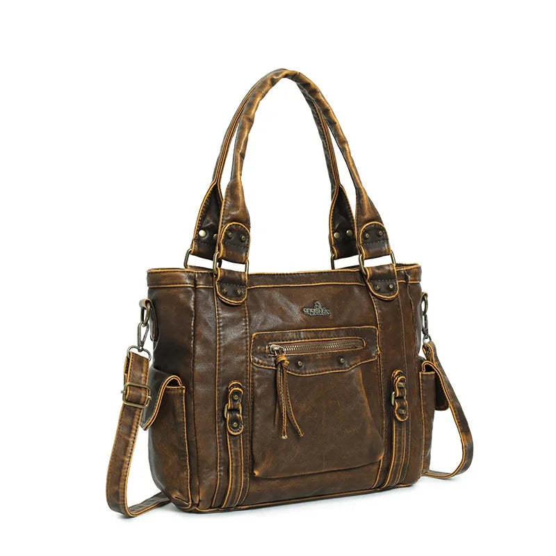 Damen-Schultertasche aus PU mit Mehrfachfächern Bronze Vintage Look Geräumige Innentaschen