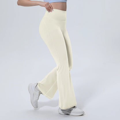 Damen-Yogahose mit hoher Taille, ausgestelltes Bein, hell cremefarben, Laufpose