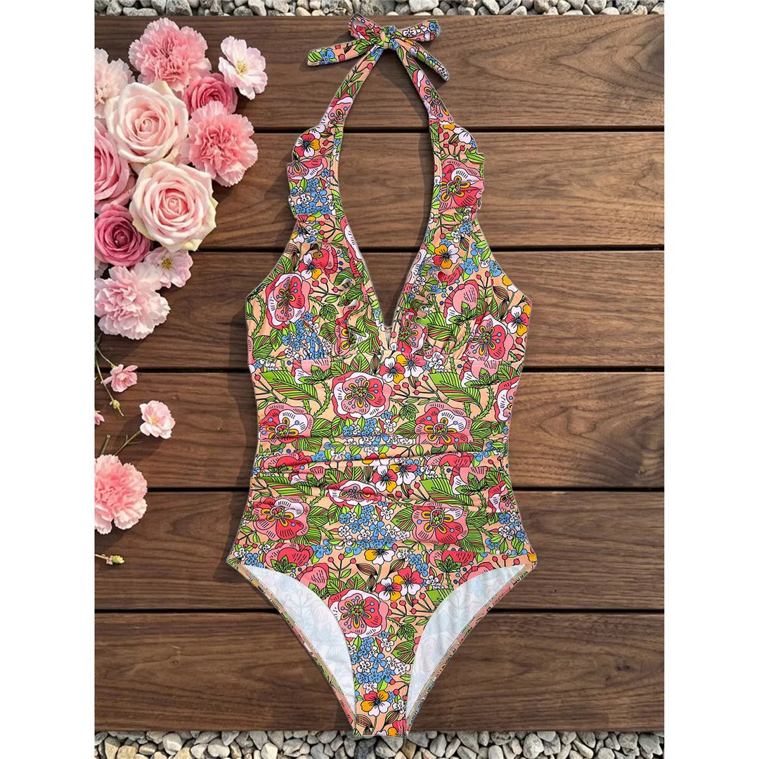 Damen Badeanzug Blumen V-Ausschnitt Neckholder Monokini hoher Beinausschnitt C