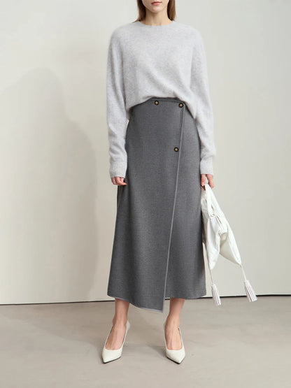 Damen-Wollrock mit hoher Taille, Knopfleiste vorn und seitlichem Schlitz, dunkelgrau
