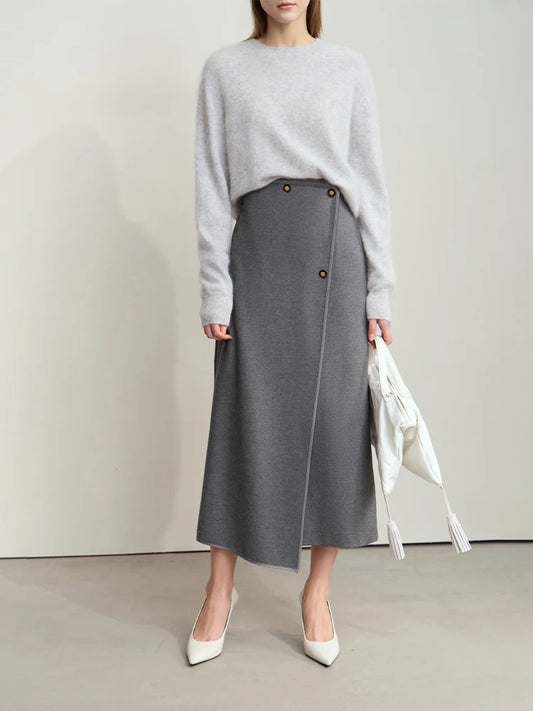 Damen-Wollrock mit hoher Taille, Knopfleiste vorn und seitlichem Schlitz, dunkelgrau