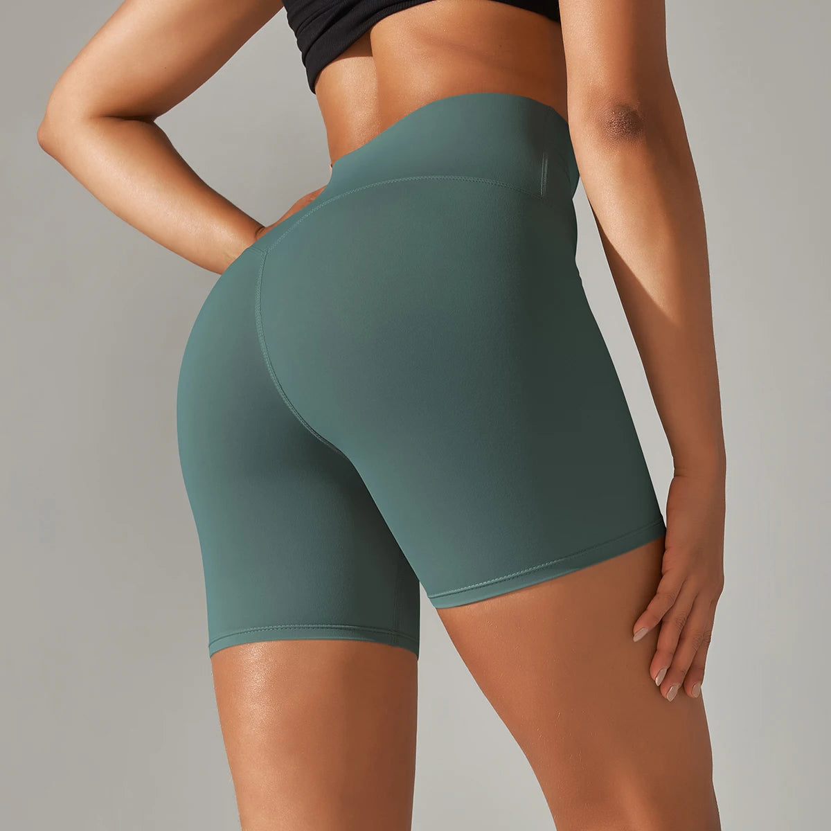Nahtlose Sportshorts für Frauen mit hohem Bund, petrolgrün, blickdicht, eng anliegend