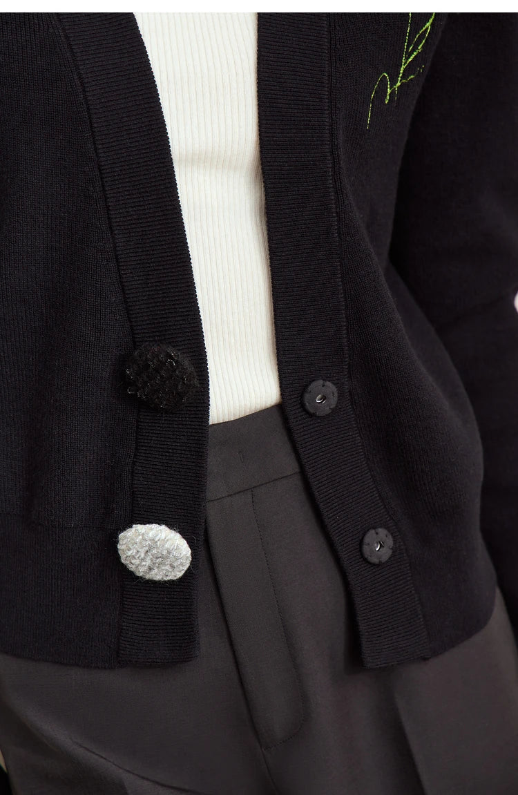 Damen-Strickjacke V-Ausschnitt Stickerei locker Langarm Herbst