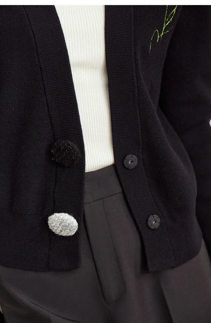 Damen-Strickjacke V-Ausschnitt Stickerei locker Langarm Herbst