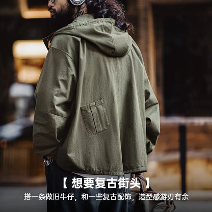 Herren Kapuzenjacke Vintage Grün Lockere Taschen Versteckte Knopfleiste