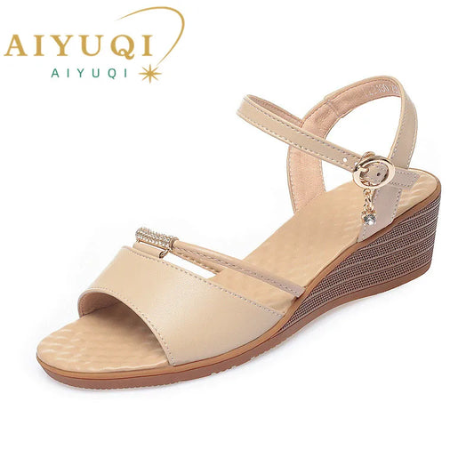 Damen-Sandalen mit Keilabsatz, Sommer, echtes Leder, große Größe 41, 42, 43, Damen-Sandalen, rutschfeste Mutter mittleren Alters, modische Sandalen