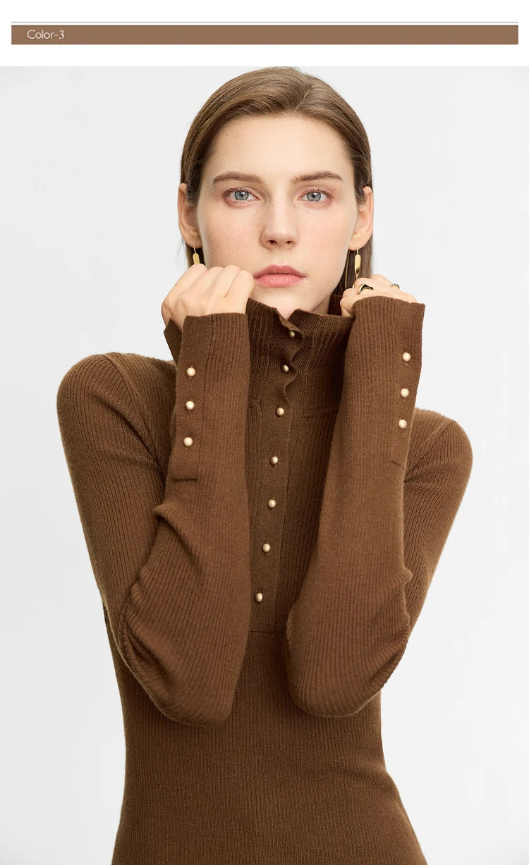 Damen-Strickjacke Rollkragen Knopfleiste Slim halboffene Front Herbst