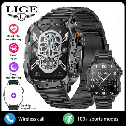 LIGE Outdoor Militär Sport Smart Uhr Männer Frauen Fitness Track Herzfrequenz Blut Sauerstoff Wasserdicht BT Anruf 1,95-Zoll Smartwatch