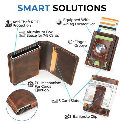 Kartenetui aus braunem Leder mit RFID-Schutz, Banknotenclip und Kartenfächern