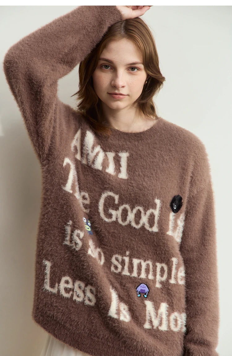 Camelfarbener Pullover mit langen Ärmeln, Schrift-Print „Good Life“ und Motiv-Patches