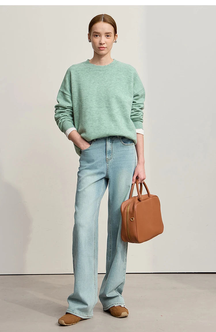 Minimalistischer Damen-Strickpullover, hellgrün, O-Ausschnitt, langarm, lässig