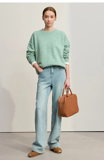 Minimalistischer Damen-Strickpullover, hellgrün, O-Ausschnitt, langarm, lässig