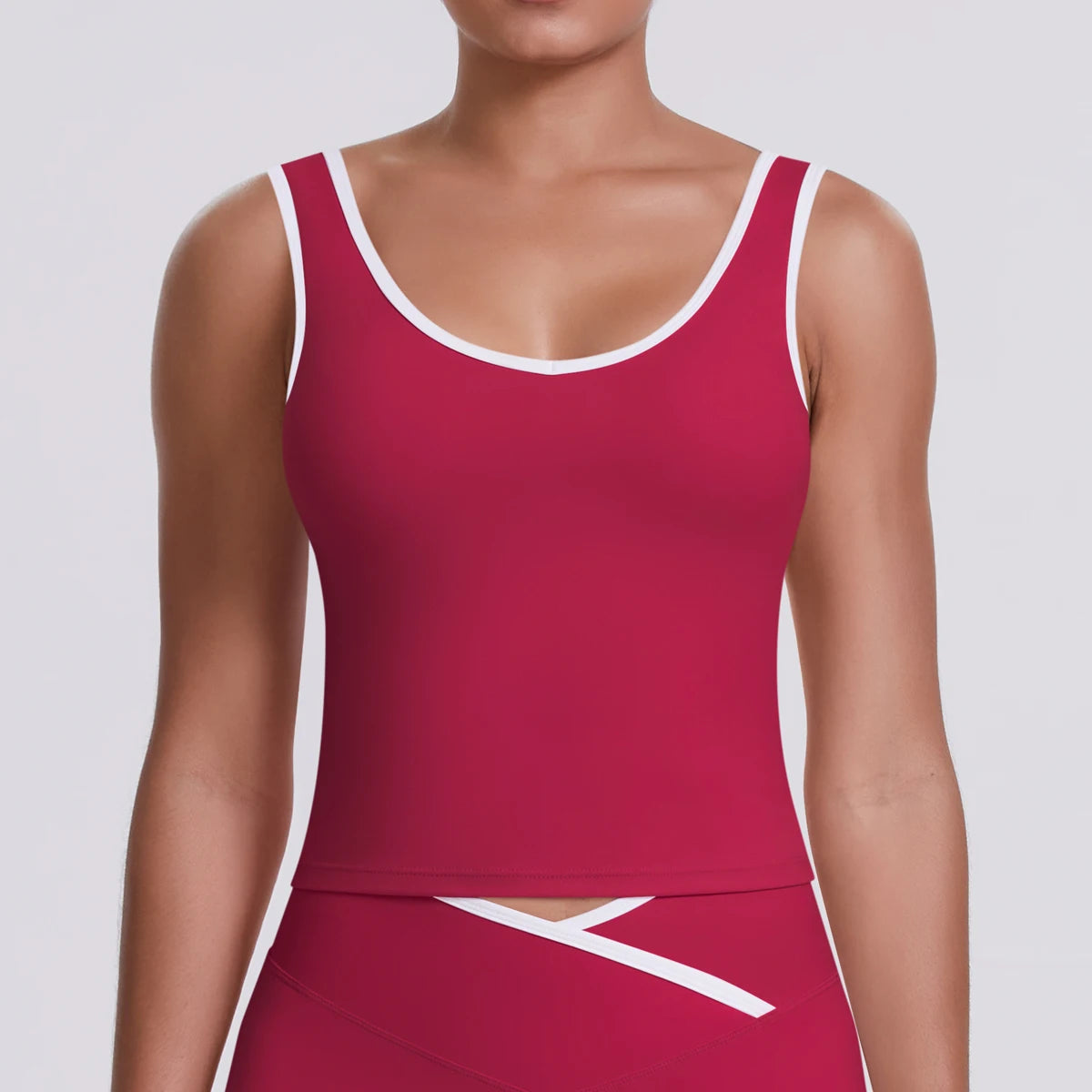 Strick-Crop-Top ohne Ärmel, bordeaux mit weißem Rundhalsausschnitt und Kanten
