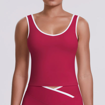 Strick-Crop-Top ohne Ärmel, bordeaux mit weißem Rundhalsausschnitt und Kanten