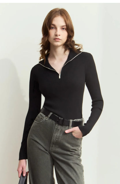 Damen-Strickjacke Stehkragen Reißverschluss Slim Streetwear Winter