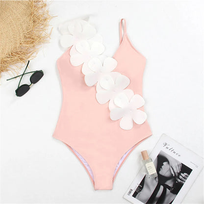 Damen Badeanzug Sarong 3D-Blumen tiefer V-Ausschnitt hoher Beinausschnitt