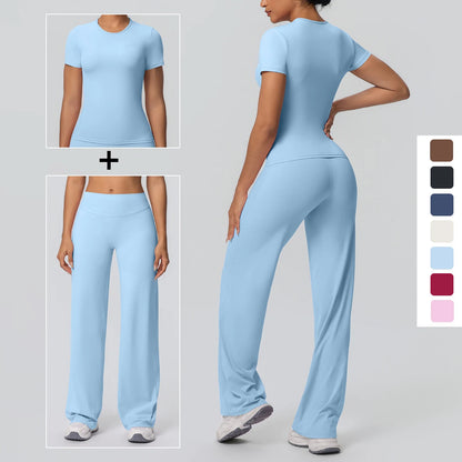 Hellblaues Yoga-Set: kurzärmeliges Top mit Rundhalsausschnitt und lange Hose