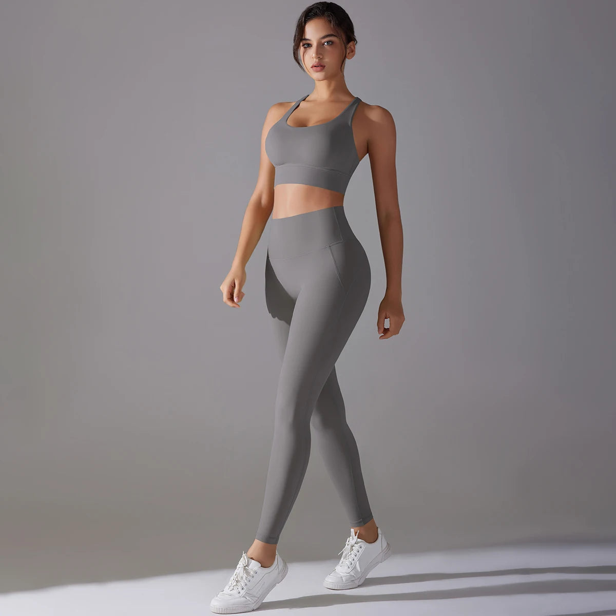 Damen-Yoga-Set mit Bügeltop und Leggings, Slim Fit, grau