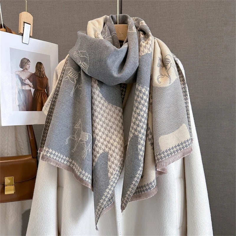 Damen Winterschal Kaschmir Pashmina Pferdprint warm dick Decke Luxus B