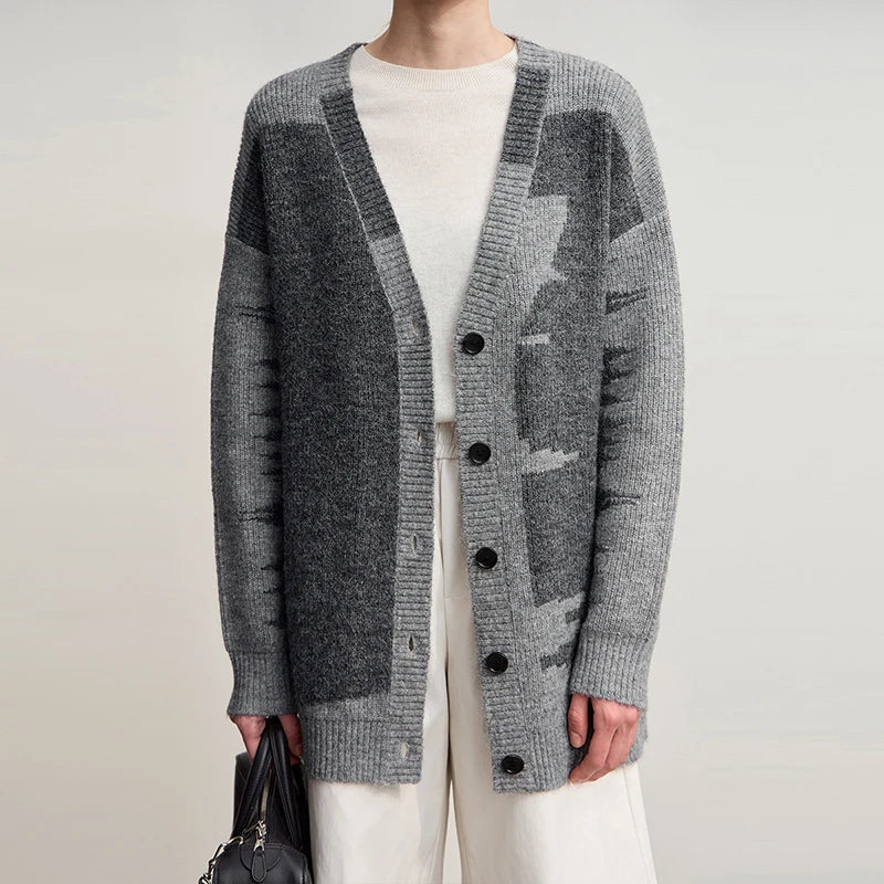 Damen V-Ausschnitt Cardigan lang Patchwork Wolle-Mix Winter