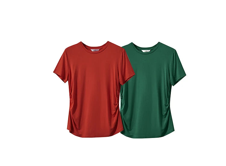 Damen Sommer-T-Shirt im minimalistischen Stil mit schmalem O-Ausschnitt und kurzen Ärmeln