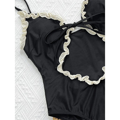 Damen Badeanzug Cut-Out Rüschen Leopard Monokini hoher Beinausschnitt gepolstert