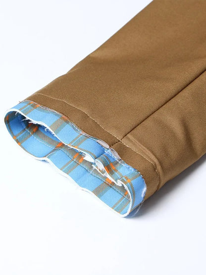 Patchwork-Blazer für Damen mit Knopfleiste, Notch-Kragen und langen Ärmeln – Designer-Mantel mit Hohldesign und Taschen.