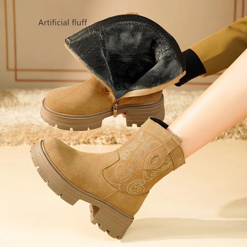 AIYUQI Western Cowboy Boots Women 2025 New Genuine Leather Winter Shoes Boots Women Short Tube Fashion Women's Snow Boots