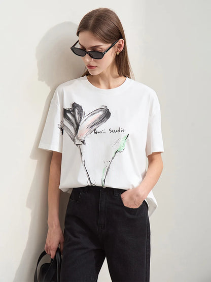 Damen T-Shirt im Minimalismus-Stil mit O-Neck und coolen Ink-Art Print