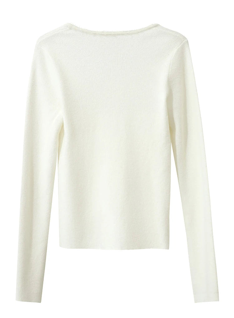 Cremefarbener Damen-Pullover mit Rundrückenteil, Langarm, glatter Feinstrick