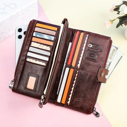Damen Echtleder Lange Geldbörse Vintage Clutch Reißverschluss Handytasche Kartenhalter