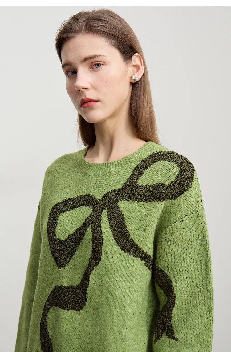 Grüner Damenpullover mit Schleifen-Jacquard, Rundhalsausschnitt, Langarm