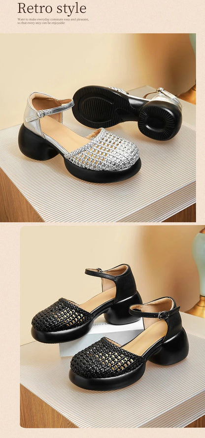 AIYUQI frauen Sandalen Retro 2025, Neue Sommer Römischen Weiblichen Sandalen Große Größe Woven Hohl High Heels Für Frauen