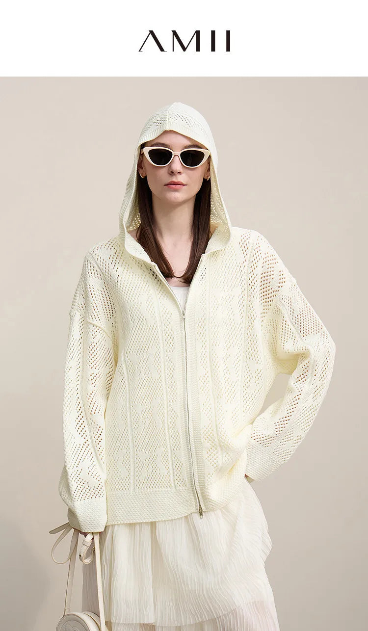 Damen-Strickjacke Kapuze Jacquard Hohlstrick Doppelreißverschluss locker Frühling
