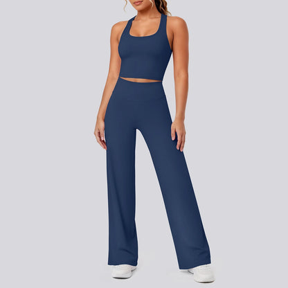 Damen-Yoga-Set in Navy: Crop-Top, hoher Bund und locker fallende Schlaghose