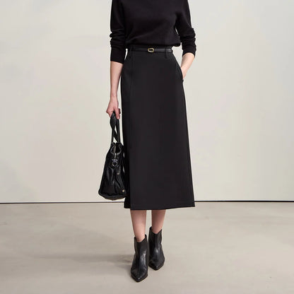 Wadenlanger A-Linien-Rock aus Stretch, schwarz, mit Bund und vorderem Schlitz